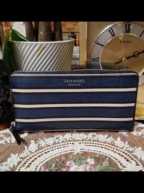 Kate Spade Navy, White & Black Striped Zip Around Clutch Wallet